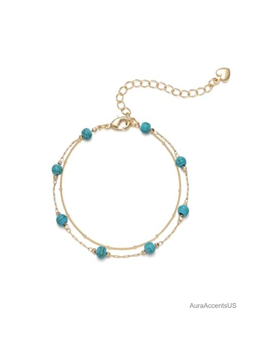 Dainty Gold Plated Layered Chain Bracelet with Turquoise Beads, Bohemian Style,